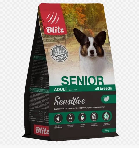 BLITZ Sensitive, Сухой корм для собак старше 7 лет с Индейкой 1,8 кг