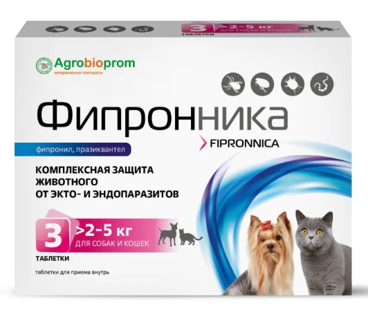 ПЧЕЛОДАР Фипронника для собак и кошек 2-5 кг, 3 таблетки