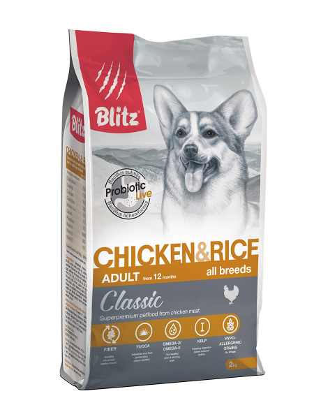 BLITZ Classic, Сухой корм для взрослых собак, Курица и рис, 2 кг