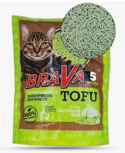 Наполнитель BraVa Tofu Зеленый чай растительный комкующийся 5л