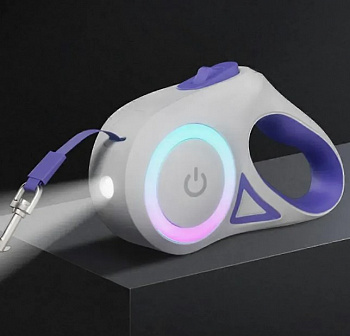 Рулетка для животных l=5м до 25кг с фонариком и RGB подсветкой, прорезиненная ручка, от батареек 2АА