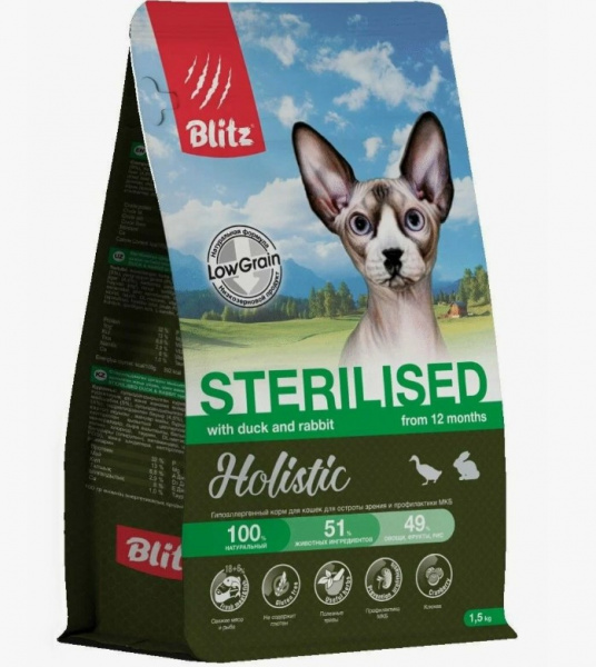 BLITZ Holistic, Сухой корм для стерилизованных кошек и котов с уткой и кроликом, 0,4 кг