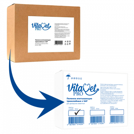 Пеленки "Vitavet PRO" гелевые трехслойные 60*40 160 шт/уп "Короба"