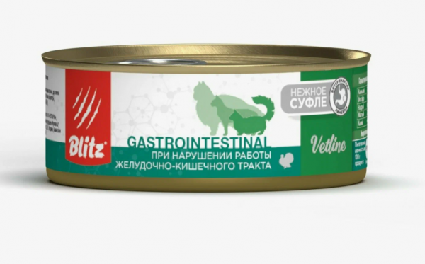 Blitz Vetline Gastrointestinal, Влажный корм для кошек с индейкой 100 гр
