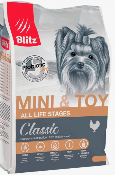 BLITZ Classic, Сухой корм для взрослых собак миниатюрных и мелких пород с Курицей, 2 кг