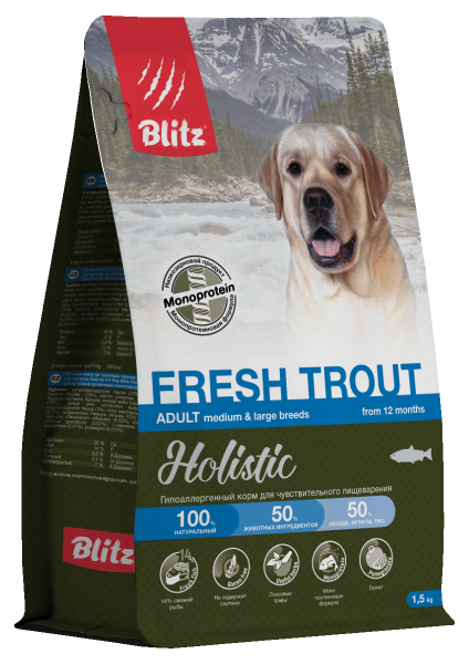 BLITZ Holistic, Сухой корм для собак, свежая форель 1,5 кг
