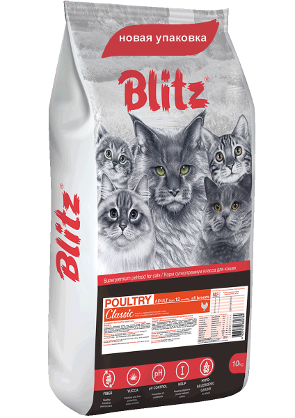 BLITZ Classic, Сухой корм для взрослых кошек с Домашней птицей, 10 кг