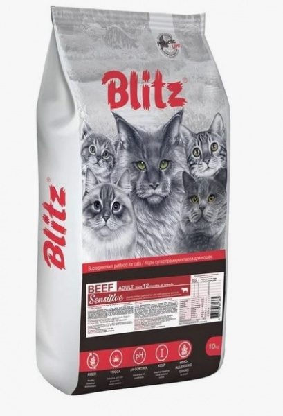 BLITZ Sensitive, Сухой корм для взрослых кошек, Говядина, 10 кг