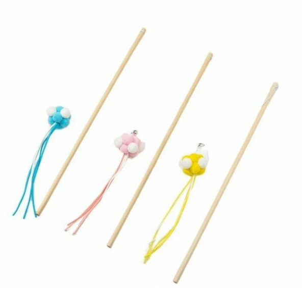 Дразнилка для кошек Облачко 5х3см разноцветное с колокольчиком, на деревянной палочке l=40см