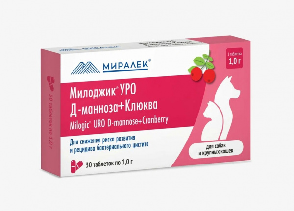МИЛОДЖИК УРО Д-манноза+клюква (для мелких собак и кошек), 30 табл (1г)