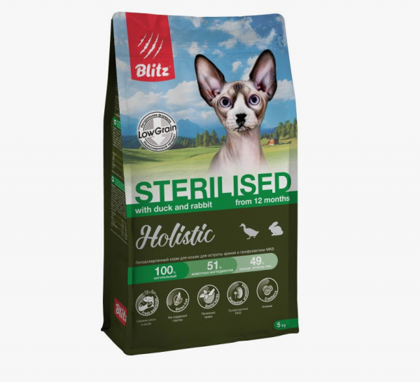 BLITZ Holistic, Сухой корм для стерилизованных кошек и котов с уткой и кроликом, 5 кг