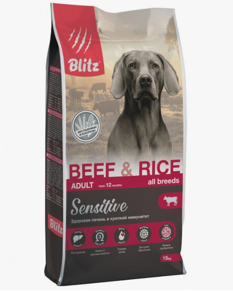 BLITZ Sensitive, Сухой корм для взрослых собак всех пород, Говядина и рис, 15 кг