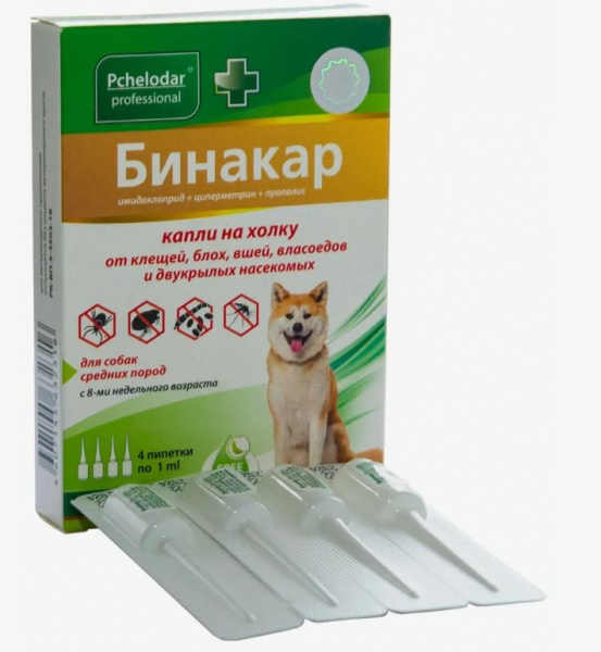 ПЧЕЛОДАР Бинакар Форте капли для собак и щенков средних пород, 4 пипетки