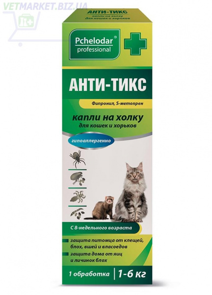 Капли АНТИ-ТИКС на холку для кошек и хорьков (0,4мл на 1-6 кг) 1пип
