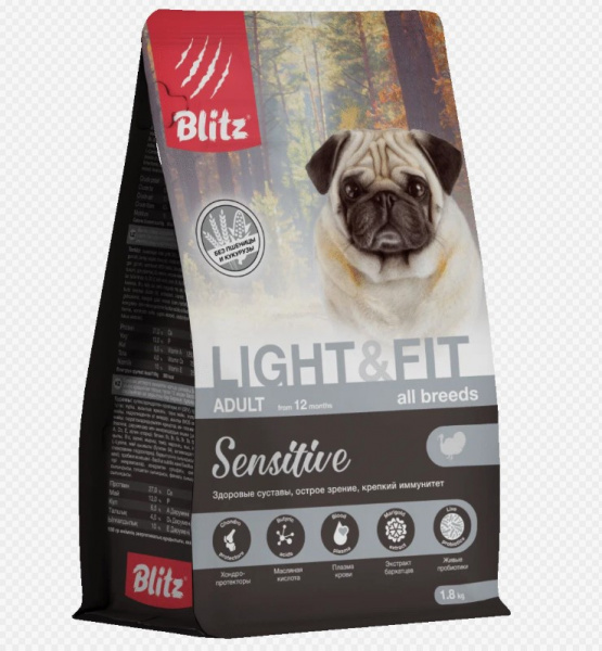 BLITZ Sensitive, Сухой корм для взрослых собак всех пород с лишним весом, Индейка, 1,8 кг