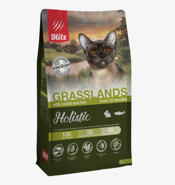 BLITZ Holistic, Сухой корм для взрослых кошек с индейкой, кроликом и рыбой, 5 кг
