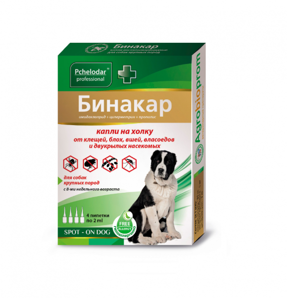 ПЧЕЛОДАР Бинакар Капли от блох и клещей для собак крупных пород, 4 пипетки