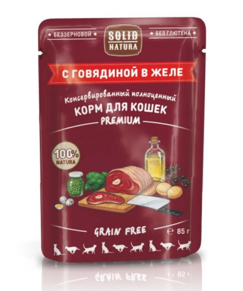 Solid Natura Premium кусочки в желе с говядиной  влажный корм для кошек пауч 0,085 кг