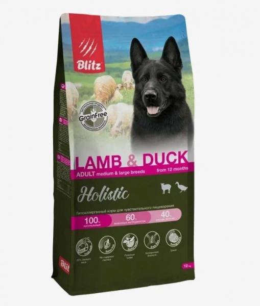 BLITZ Holistic, Сухой корм для собак, ягненок и утка 12 кг