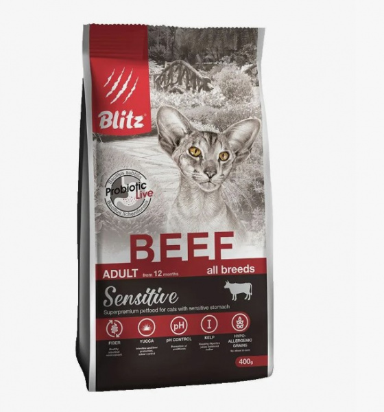 BLITZ Sensitive, Сухой корм для взрослых кошек, Говядина, 0,4 кг