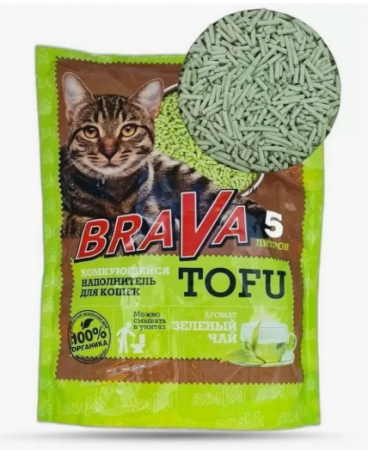 Наполнитель BraVa Tofu Зеленый чай растительный комкующийся 5л