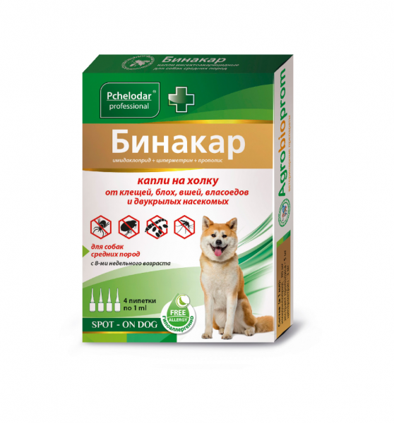 ПЧЕЛОДАР Бинакар Капли от блох и клещей для собак средних пород, 4 пипетки