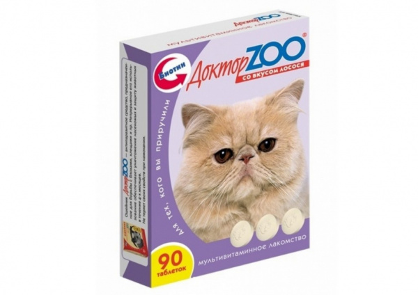 Доктор ZOO для кошек, со вкусом лосося и биотином, таблетки, № 90